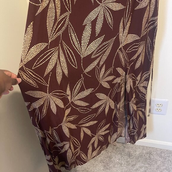 Mango Brown Puff Sleeve Midi Dress with Gold Leaf Print – Size XXL - Picture 5 of 11